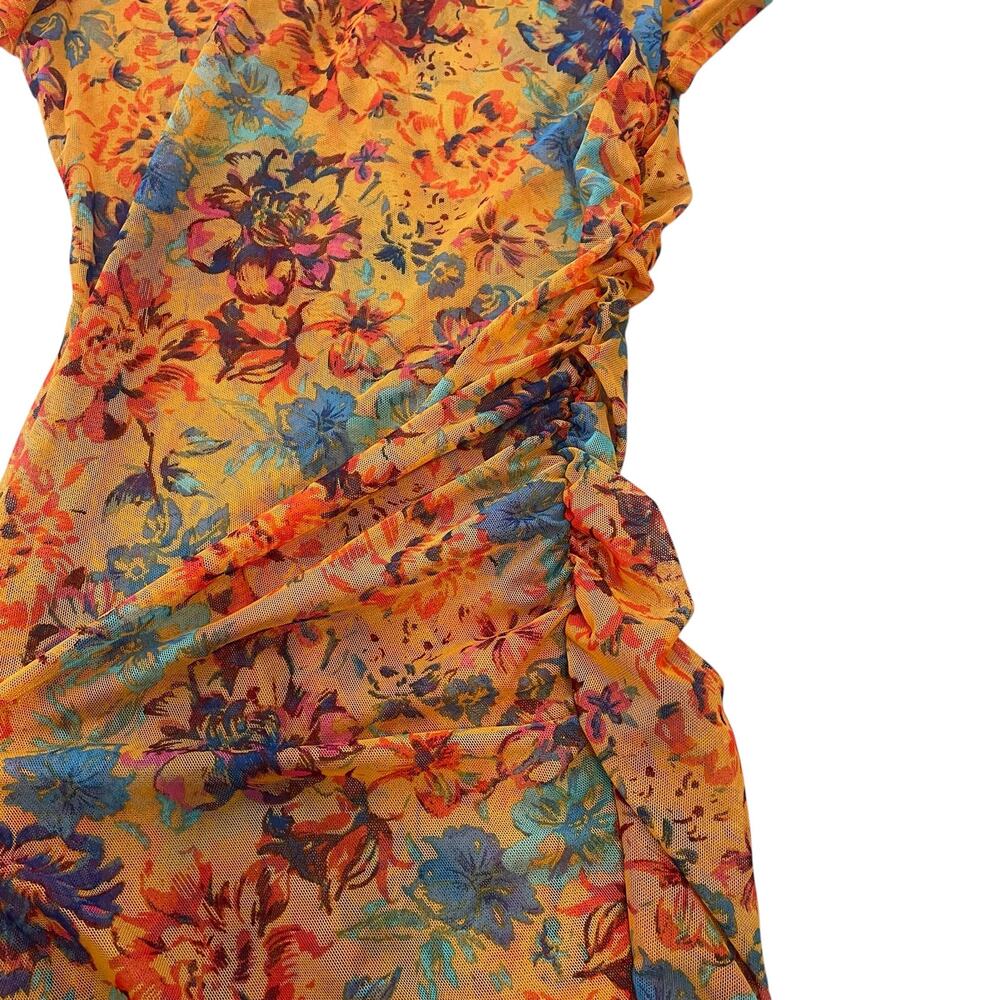 BCBGMAXAZRIA Floral Orange Sheath Dress Short Sleeve Side Ruched SZ M - Picture 4 of 6